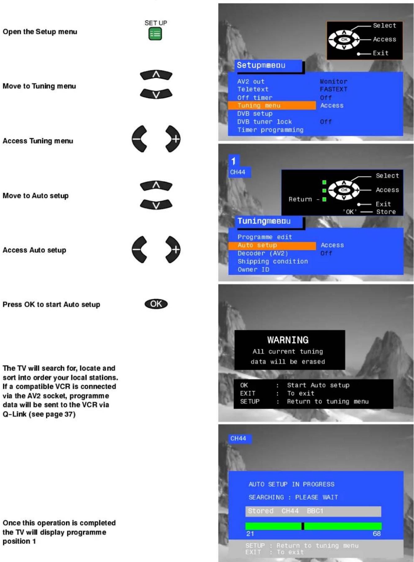 Open the Setup menu SET UP Move to Tuning menu V Access Tuning menu V Move to Auto setup V Access Auto setup V Press OK to start Auto setup OK The TV will search for, locate and sort into order your local stations. If a compatible VCR is connected via the AV2 socket, programme data will be sent to the VCR via Q-Link (see page 37) Once this operation is completed the TV will display programme position 1 Setupmbou AV2 out Monitor Teletext FASTEXT Off timer Off Tuning menu Access DVB setup DVB tuner lock Off Timer programming 1 CH44 Select Access Return - 'OK' Store Tuningmeou Programme edit Access Auto setup Decoder (AV2) Off Shipping condition Owner ID WARNING All current tuning data will be erased OK : Start Auto setup EXIT : To exit SETUP : Return to tuning menu CH44 AUTO SETUP IN PROGRESS SEARCHING : PLEASE WAIT Stored CH44 BBC1 21 68 SETUP : Return to tuning menu EXIT : To exit