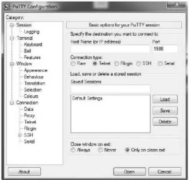 PuTTY Configuration Category: Session Logging Terminal Keyboard Bell Features Window Appearance Behaviour Translation Selection Colours Connection Data Proxy Telnet Rlogin SSH Serial Basic options for your PuTTY session Specify the destination you want to connect to Host Name (or IP address) Port 1986 Connection type: Raw Telnet Rlogin SSH Serial Load, save or delete a stored session Saved Sessions Default Settings Load Save Delete Close window on exit: Always Never Only on clean exit About Open Cancel
