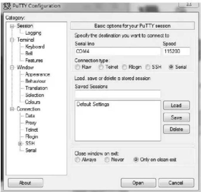 PuTTY Configuration Category: Session Logging Terminal Keyboard Bell Features Window Appearance Behaviour Translation Selection Colours Connection Data Proxy Telnet Rlogin SSH Serial Basic options for your PuTTY session Specify the destination you want to connect to Serial line Speed COM4 115200 Connection type: Raw Telnet Rlogin SSH Serial Load, save or delete a stored session Saved Sessions Default Settings Load Save Delete Close window on exit: Always Never Only on clean exit About Open Cancel