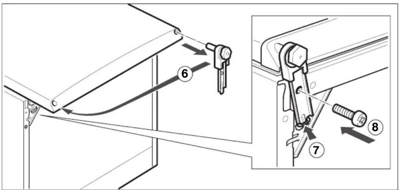 Technical diagram showing mechanical assembly steps with numbered annotations indicating sequence of components