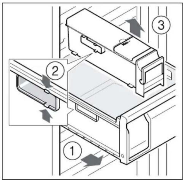 Technical diagram showing three labeled steps of a mechanical assembly or mounting process, with arrows indicating direction and component placement.