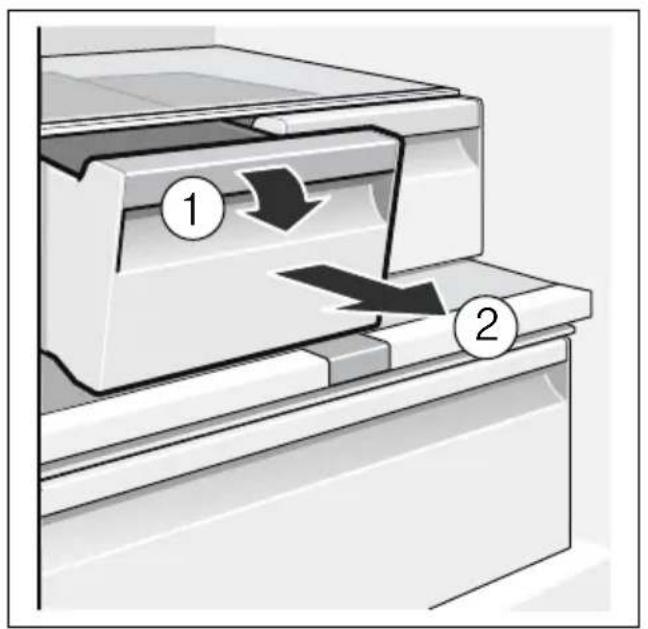 Diagram of a printer or printer mechanism showing two labeled parts with directional arrows indicating flow or movement.