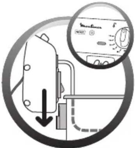 Diagram showing a device with a downward arrow and a magnified view of the washing machine control panel labeled 'VineEan'.