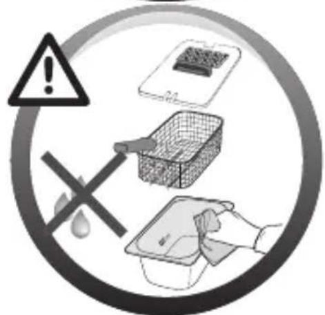 Warning symbol with warning triangle, crossed cross, and cleaning icons including a plastic container, mesh basket, and cloth.