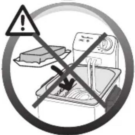 Warning sign with exclamation mark and crossed-out kitchen scene, indicating no clear safety or disinfection