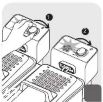 Diagram showing two labeled steps of a washing machine operation, with numbered arrows indicating process flow.