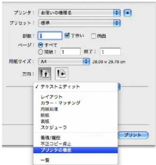 プリンタ:お使いの機種名 プリセット:標準 部数:1 丁合い 両面 ページ:すべて 開始:1 終了:1 用紙サイズ:A4 20.99 × 29.70 cm 方向: ✓ テキストエディット レイアウト カラー・マッチング 用紙処理 絵紙 表紙 スケジューラ 蓄積/履歴 不正コピー停止 プリンタの概览 一覧