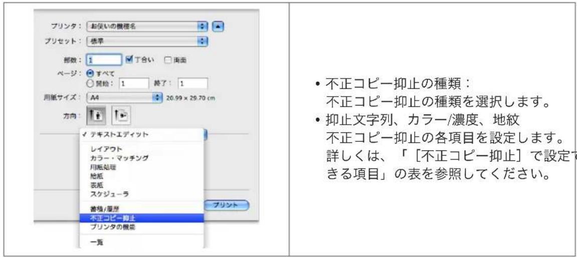 プリンタ：お使いの機種名 プリセット：標準 部数：1 丁合い 街面 ページ：すべて 開始：1 終了：1 用紙サイズ：A4 20.99 x 29.70 cm 方向： ✓ テキストエディット レイアウト カラー・マッチング 用紙処理 槍紙 表紙 スケジューラ 蓄積/履歴 不正コピー抑止 プリンタの機業 一覧 プリント 不正コピー抑止の種類： 不正コピー抑止の種類を選択します。 抑止文字列、カラー/濃度、地紋 不正コピー抑止の各項目を設定します。 詳しくは、「[不正コピー抑止]で設定できる項目」の表を参照してください。