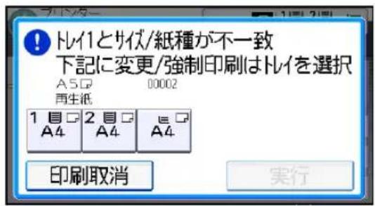 トイレとサイズ/紙種が不一致 下記に変更/強制印刷はトイレを選択 A5□ 00002 再生紙 1目□ 2目□ □ A4 A4 A4 印刷取消 実行