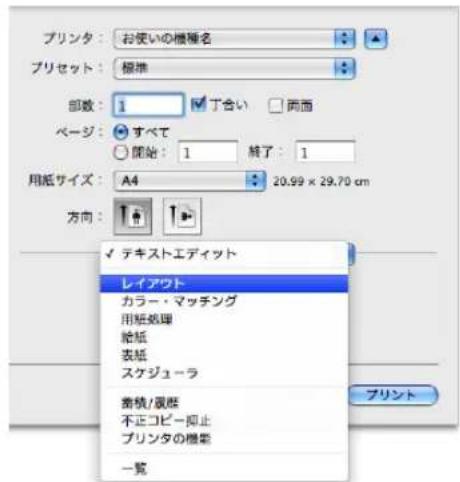 プリンタ:お使いの機種名 プリセット:標準 部数:1 丁合い 両面 ページ:すべて 開始:1 終了:1 用紙サイズ:A4 20.99 × 29.70 cm 方向: テキストエディット レイアウト カラー・マッチング 用紙処理 給紙 表紙 スケジューラ 着横/履拠 不正コピー開止 プリンタの機能 一覧 プリント
