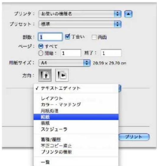 プリンタ:お使いの機種名 プリセット:標準 部数:1 丁合い 両面 ページ:すべて ○開始:1 終了:1 用紙サイズ:A4 20.99 × 29.70 cm 方向: ✓ テギストエディット レイアウト カラー・マッチング 用紙処理 絵紙 表紙 スケジューラ 蓄積/履歴 不正コピー抑止 プリンタの機能 一覧 プリント