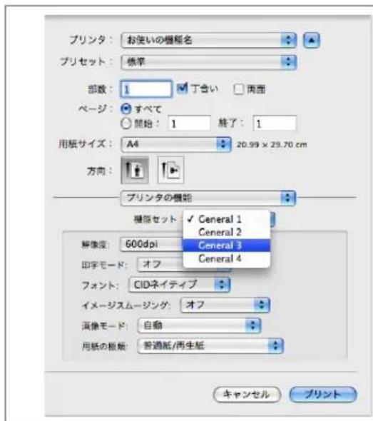 プリンタ:お使いの機能名 プリセット:標準 部数:1 丁合い 両面 ページ:すべて 開始:1 終了:1 用紙サイズ:A4 20.99 x 29.70 cm 方向: プリンタの機能 機能セット ✓ General 1 General 2 解像度:600dpi General 3 印字モード:オフ General 4 フォント:CIDネイティブ イメージスムージング:オフ 画像モード:自動 用紙の板類:普通紙/再生紙 キャンセル プリント