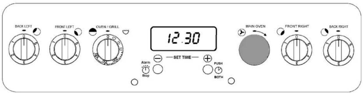 BACK LEFT FRONT LEFT OVEN / GRILL 12.30 — SET TIME — Alarm Stop PUSH BOTH MAIN OVEN FRONT RIGHT BACK RIGHT