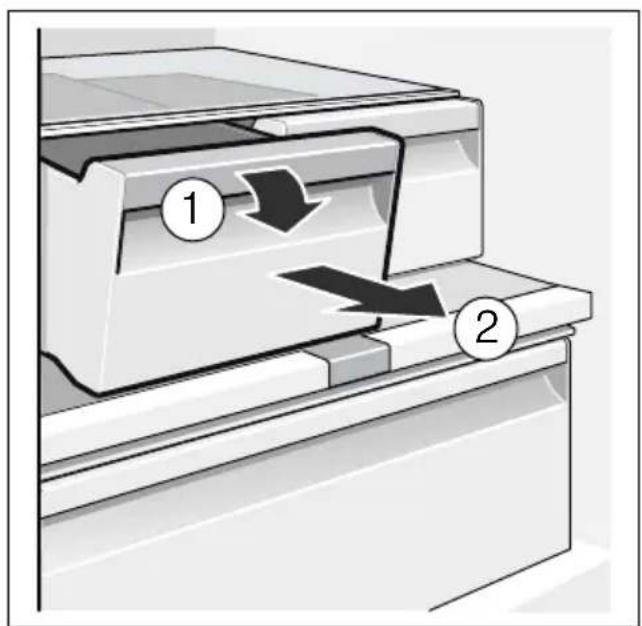 Diagram of a printer or printer mechanism showing two labeled parts (1 and 2) with directional arrows indicating process flow.