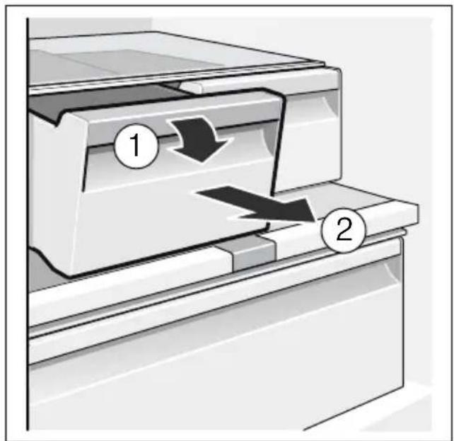 Diagram of a printer or printer mechanism showing two labeled parts (1 and 2) with directional arrows indicating process flow.