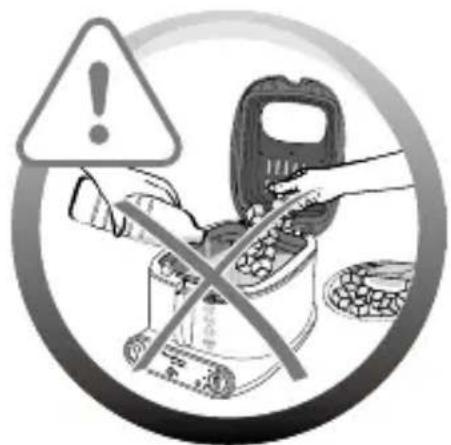 Warning symbol with exclamation mark and crossed-out food item, indicating no food waste or waste disposal.