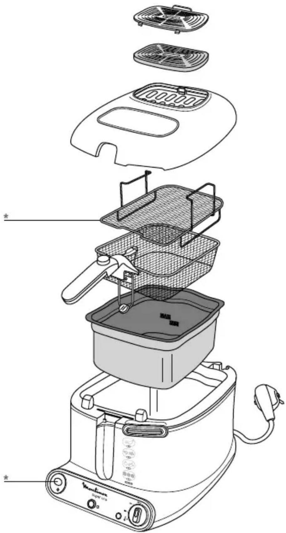 Exploded diagram of a toaster air fryer with labeled components and fan base