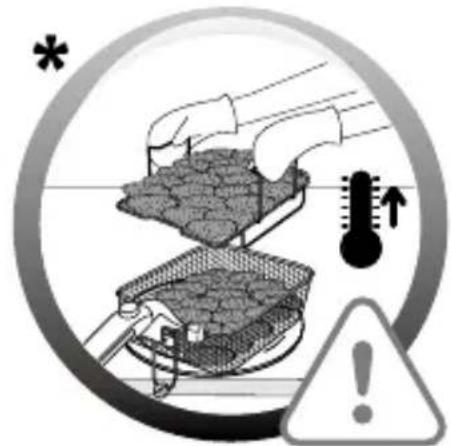 Safety warning illustration showing a hand using a tool to clean material with temperature and warning symbols