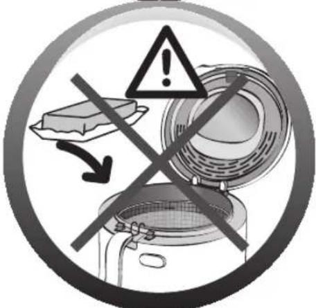 Warning sign with exclamation mark, warning symbol, and crossed-out prohibition symbols for food waste or storage