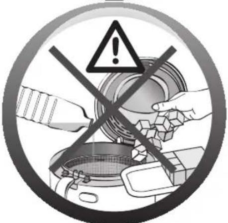 Warning symbol image showing a cooking pot with a crossed pan and warning sign, indicating hazardous or hazardous use.