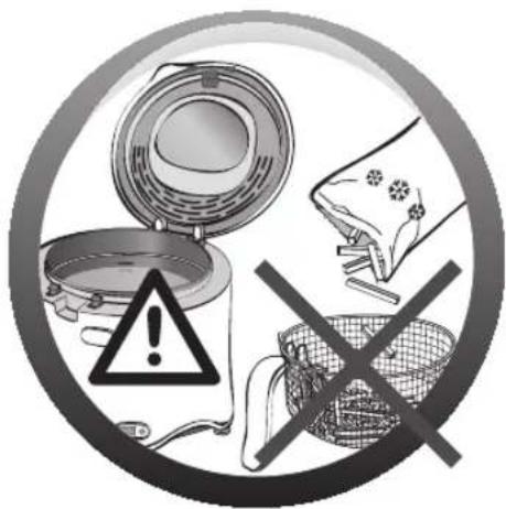 Warning symbol image with cooking equipment, warning sign, and crossed-out basket