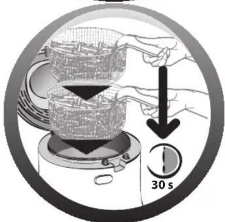 Diagram illustrating a cooking step with hands using a pan to press a dish, showing a 30-second duration and directional arrow.