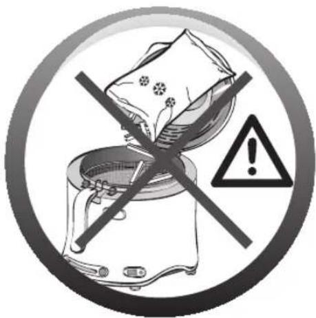 Warning sign depicting a washing machine with a crossed-out bag and warning symbol