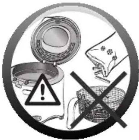 Warning symbol image with cooking equipment, warning sign, and crossed-out food items
