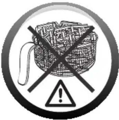 Warning symbol with a basket and crosshatch, indicating no liability or exclusion of the material