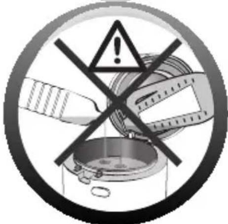 Warning symbol image with crossed-out signs, warning triangle, and cooking pot imagery