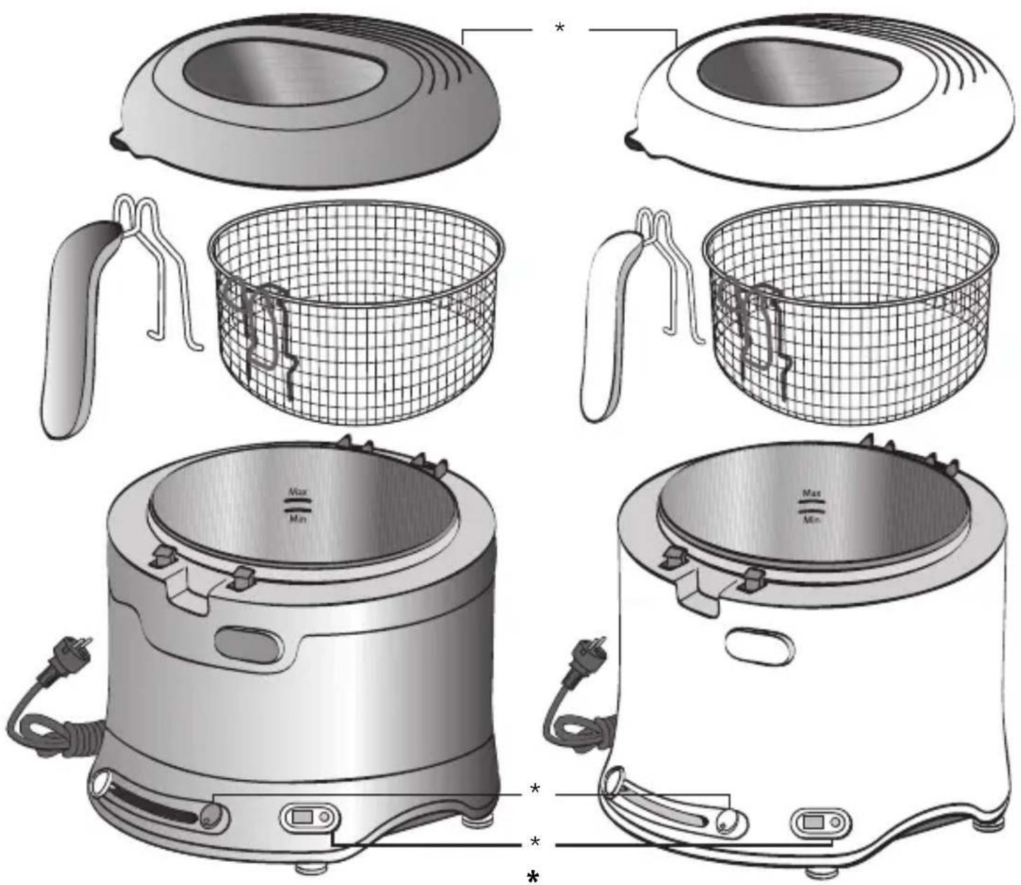 Technical diagram showing exploded views of a kitchen appliance with labeled components and wireframe layouts