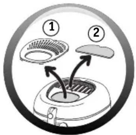 Diagram illustrating a food storage or cleaning process with labeled components and directional arrows indicating flow or movement.