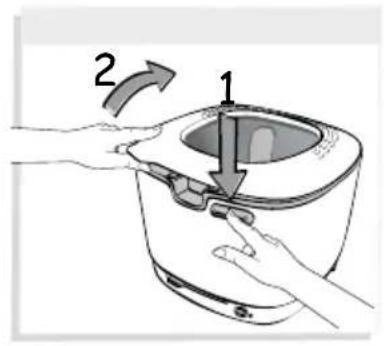 Diagram showing a hand holding a kitchen appliance with labeled parts and directional arrows indicating rotation or adjustment.