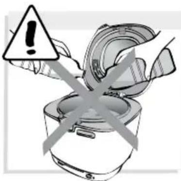 Warning symbol with exclamation mark over a cooking pot, indicating hazardous or hazardous material