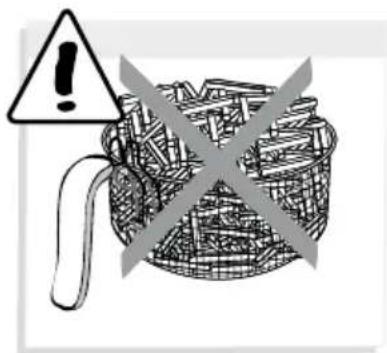 Warning symbol with exclamation mark over a woven basket, indicating hazardous material or safety warning