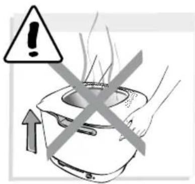 Warning symbol with exclamation mark and upward arrow, indicating heat or hazard in a cooking pot