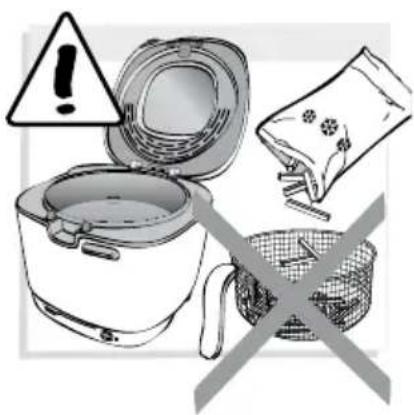 Warning symbol and food safety illustration showing a rice cooker, a bag of food, and a crossed-out basket with a warning sign.