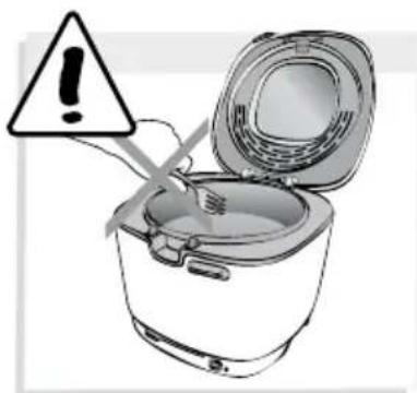 Illustration of a rice cooker with warning symbol and warning triangle, indicating hazardous material or safety.