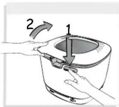 Diagram showing a hand holding a tool inside a container with labeled parts and directional arrows indicating rotation or movement.