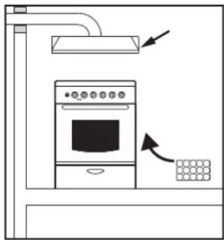 Diagram showing a kitchen appliance with airflow direction and control panel, labeled in English.