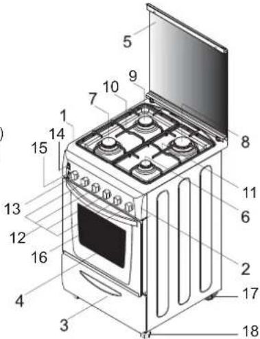 Labeled diagram of a 18-pin electric stove with numbered components for identification