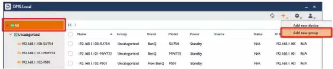 DMS Local All Add new device Add new group Name Group Brand Model Power Source Status IP A 192.168.1.100-SU754 Uncategorized BenQ SU754 Standby N/A 192.168.1.10C N/A 192.168.1.101-MW732 Uncategorized BenQ MW732 Standby N/A 192.168.1.101 N/A 192.168.1.102-P501 Uncategorized Non-BenQ PS01 Standby N/A 192.168.1.102 N/A