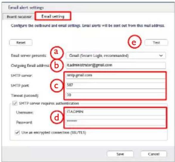 Email alert settings Event receiver: Email setting Configure the outbound and email settings. Email alerts will be sent out from this mail address. Reset Email server presents: Outgoing Email address: SMTP server: SMTP port: Timeout (second): SMTP server requires authentication Username: Password: Use an encrypted connection (SSL/TLS) IT.ADMIN e Test a b c d 507 10 Save Cancel