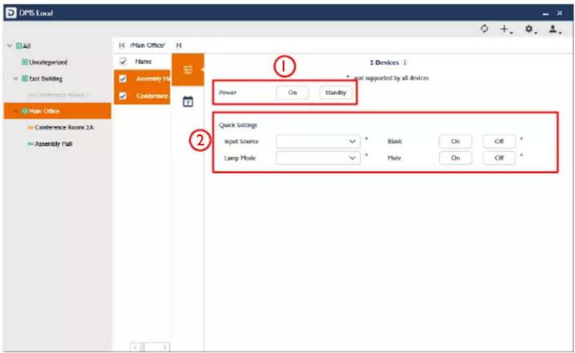 DMS Local All Uncategorized East Building Conference Room 1 Main Office Conference Room 2A Assembly Hall Name Assembly Hall Conference Power On Standby 1 2 Devices 1 * not supported by all devices Quick Settings Input Source Blank On Off * Lamp Mode Mate On Off * 2