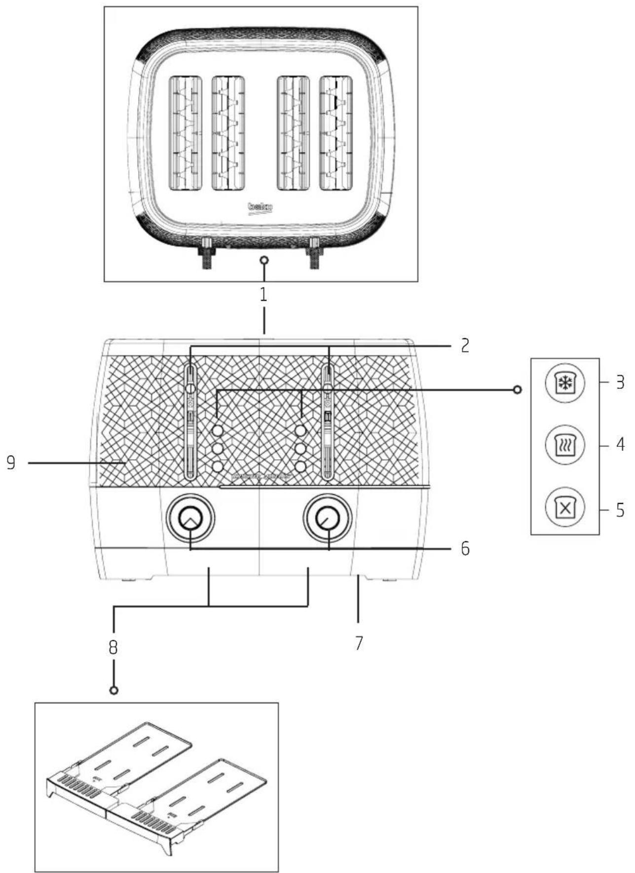 Technical diagram of a device with labeled components and internal structure, including a 3D model and a separate view of the front panel.