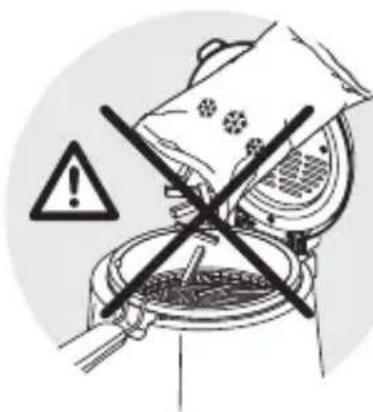 Warning symbol with exclamation mark and crossed-out frying pan, indicating incorrect cooking or cooking instructions