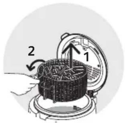 Diagram showing a mechanical device with labeled parts 1 and 2, indicating a process or operation.