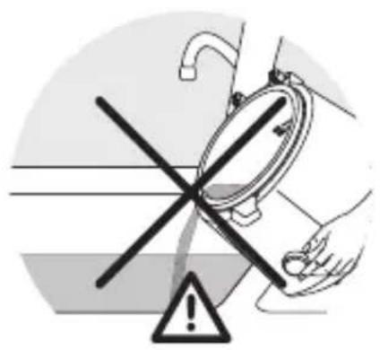 Safety warning symbol showing a hand holding a valve over a surface with crossed lines and a warning triangle.