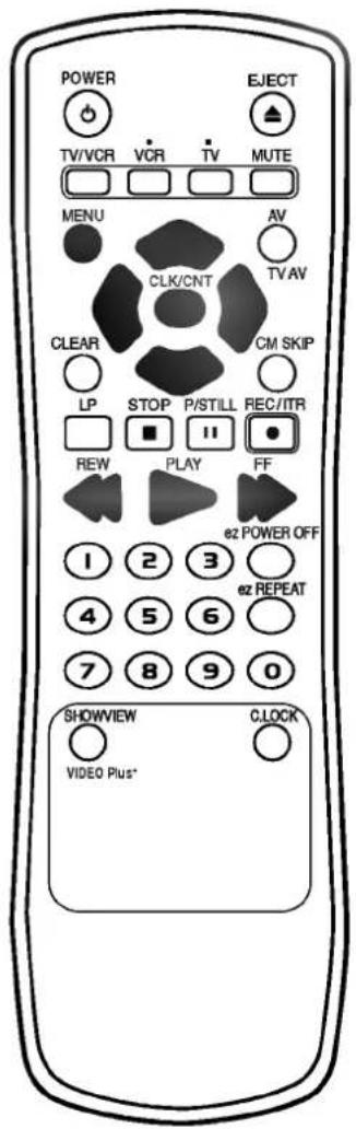POWER TV/VCR VCR TV MUTE MENU AV CLK/CNT CM SKIP CLEAR LP STOP P/STILL REC/ITR REW PLAY FF e2 POWER OFF 1 2 3 ez REPEAT 4 5 6 7 8 9 0 SHOWVIEW CLOCK VIDEO Plus*