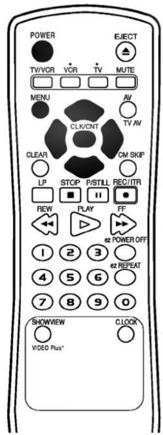 POWER TV/VCR VCR TV MUTE MENU AV CLK/CNT TV AV CLEAR CM SKIP LP STOP P/STILL REC/ITR REW PLAY FF 1 2 3 ez POWER OFF 4 5 6 ez REPEAT 7 8 9 0 SHOWVIEW CLOCK VIDEO Plus*